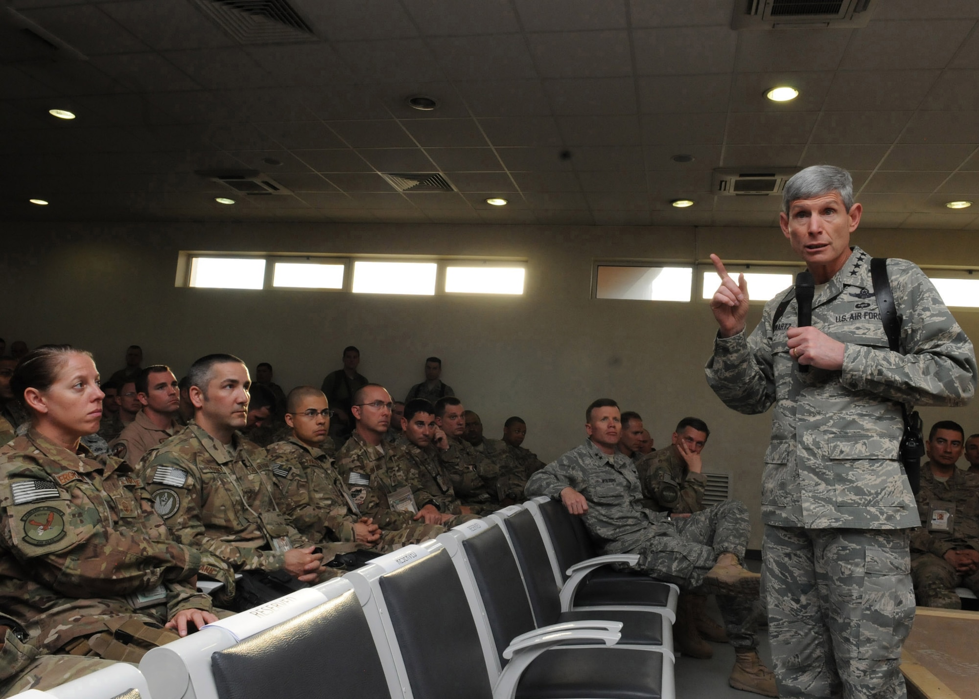 Air Force Chief of Staff Gen. Norton Schwartz talks with Airmen from the 438th Air Expeditionary Wing and the International Security Assistance Force Joint Command April 23, 2012, during his visit to Kabul International Airport, Afghanistan. The general discussed resiliency issues effecting today?s Airmen and their families, changes in service capabilities, and Air Force budget priorities. (U.S. Air Force photo/Staff Sgt. Nadine Y. Barclay)


