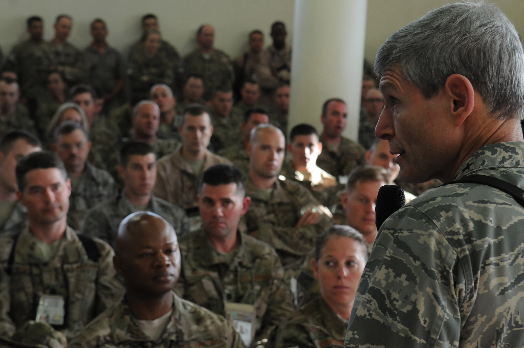 Air Force Chief of Staff Gen. Norton Schwartz talks with Airmen from the 438th Air Expeditionary Wing and the International Security Assistance Force Joint Command April 23, 2012, during his visit to Kabul International Airport, Afghanistan. The general discussed resiliency issues effecting today?s Airmen and their families, changes in service capabilities, and Air Force budget priorities. (U.S. Air Force photo/Staff Sgt. Nadine Y. Barclay)


