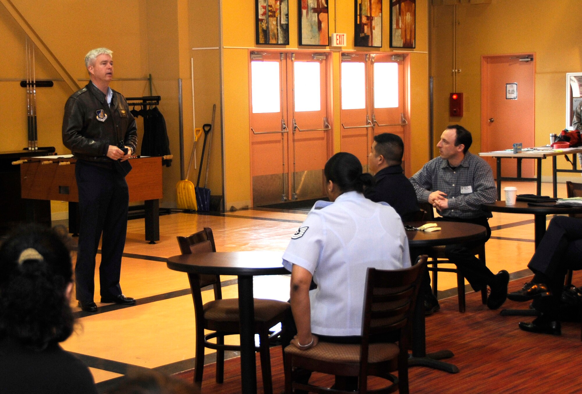 U.S. Air Force Col. Al Wimmer, 35th Fighter Wing vice commander, gives opening remarks during the Caring for People Forum at Misawa Air Base, Japan, April 23, 2012. The Caring for People Forum is an opportunity for the Misawa community, discuss topics they would like brought to the attention of higher commands. (U.S. Air Force photo by Airman 1st Class Kaleb Snay/Released)