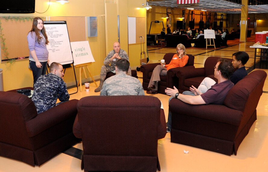 Attendees of the Caring for People Forum brainstorm solutions to concerns on the topic of "single airmen" at Misawa Air Base, Japan, April 23, 2012. The Caring for People Forum is an opportunity for the Misawa community to discuss topics that they would like brought to the attention of higher commands. The forum had eight different topics that were covered, including family support, special needs, single airmen and more. Some of the concerns discussed included middle school competitive sports, special needs support, sexual education programs and more. (U.S. Air Force photo by Airman 1st Class Kaleb Snay/Released)