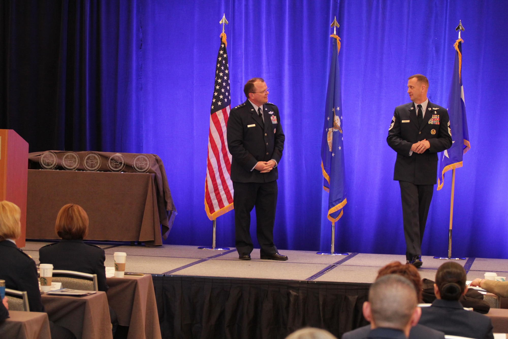 Lt. Gen. (Dr.) Charles B. Green, Air Force Surgeon General and Chief Master Sergeant Charlie Cole, Chief, Medical Enlisted Force spoke to Air Force Nursing Services leaders from the Active Duty, Air National Guard and Reserve components during the 15th annual Executive Leadership Symposium and workshop on Apr. 24, 2012. The theme is Back to Basics: The Art and Science of Nursing. (Air Force Photo)
