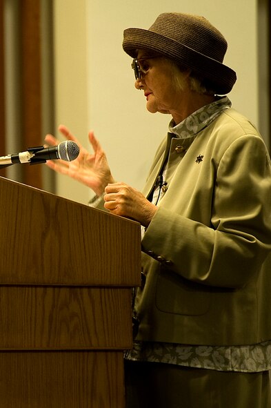 Viola Milne, a Jewish Holocaust survivor from Czechoslovakia, recounts her perilous escape from Nazi oppression during the Holocaust Memorial observance at Chapel 1 on Kadena Air Base, Japan, April 19, 2012. Milne is now a 79-year-old resident of Okinawa and mother of U.S. Air Force Maj. Carolina Nisenoff, 18th Medical Operations Squadron staff psychiatrist. (U.S. Air Force photo by Airman 1st Class Maeson L. Elleman/Released)
