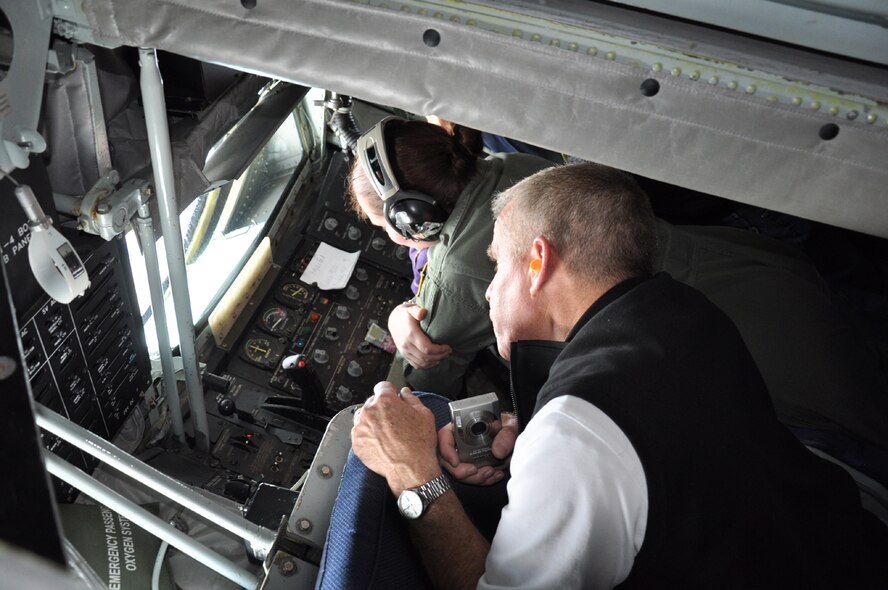 Chief Master Sgt. Tim Erdmann (right), 916th Maintenance Group, talks employers through a confined space exercise on April 21, 2012 during the wing's Employer Day event.( U.S. Air Force photo/Maj. Shannon Mann/Released) 
