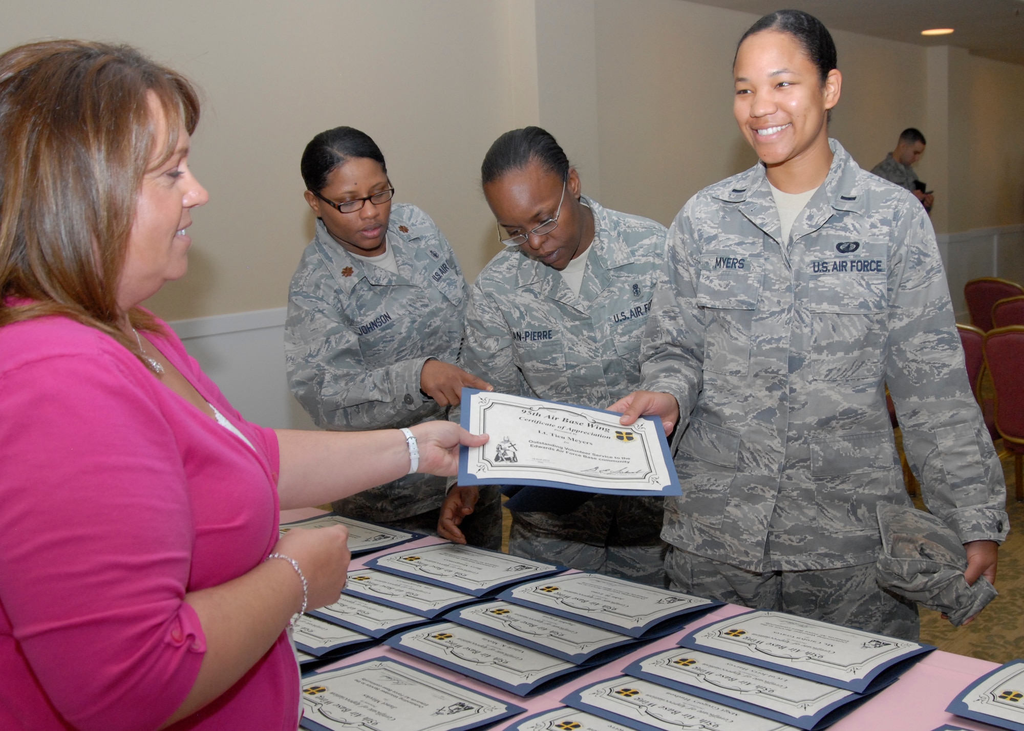 Team Edwards celebrated the efforts of volunteers, such as 1st Lt. Tieu Myers, Air Force Flight Test Center Contracting Directorate, April 18 in honor of the nationally observed Volunteer Appreciation Day. Myers played a key role in organizing Team Edwards' 2012 Martin Luther King Jr. observance. (Air Force Photo by Laura Mowry)