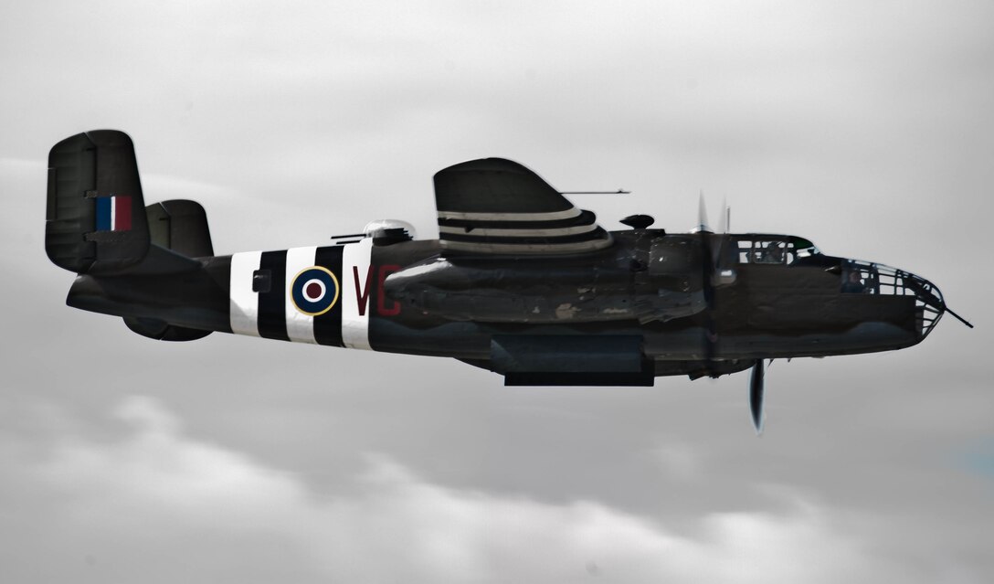 A B-25D Mitchell Bomber from the Historic Flight Foundation called “Grumpy” takes off from the flightline at Ellsworth Air Force Base, S.D., April 20, 2012 as part of its return journey to Snohomish County Airport north of Seattle, Wash., from the final Doolittle Raider reunion event held at the National Museum of the U.S. Air Force in Ohio.  “Grumpy” is one of the oldest flying B-25s in the world. (U.S. Air force photo by Airman 1st class Zachary Hada/Released)