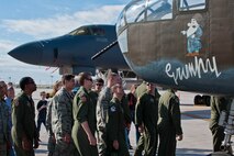 Airmen from Ellsworth Air Force Base and citizens from Rapid City, S.D., turn out to greet the Historic Flight Foundation’s B-25D Mitchell Bomber named “Grumpy” alongside of a B-1B Bomber in conjunction with the 70th Anniversary of the Doolittle Raid at Ellsworth Air Force Base, S.D., April 20, 2012. The base’s three current flying squadrons – the 34th Bomb Squadron “Thunderbirds”, 37th Bomb Squadron “Tigers”, and the 432nd Attack Squadron – each have a historic tie to the famous Doolittle Raid. (U.S. Air Force photo by Airman 1st Class Zachary Hada/Released)