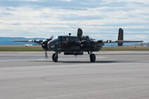 “Grumpy” a B-25D Mitchell Bomber from the Historic Flight Foundation arrives at Ellsworth Air Force Base, S.D., April 20, 2012 as part of its return journey to Snohomish County Airport north of Seattle, Wash., from the final Doolittle Raider reunion event held at the National Museum of the U.S. Air Force in Ohio.  “Grumpy” is one of the oldest flying B-25s in the world, and most closely resembles the variant of the 16 bombers flown by Lt. Col. James Doolittle and his crews during the famous Doolittle Raid. (U.S. Air force photo by Airman 1st class Zachary Hada/Released)c