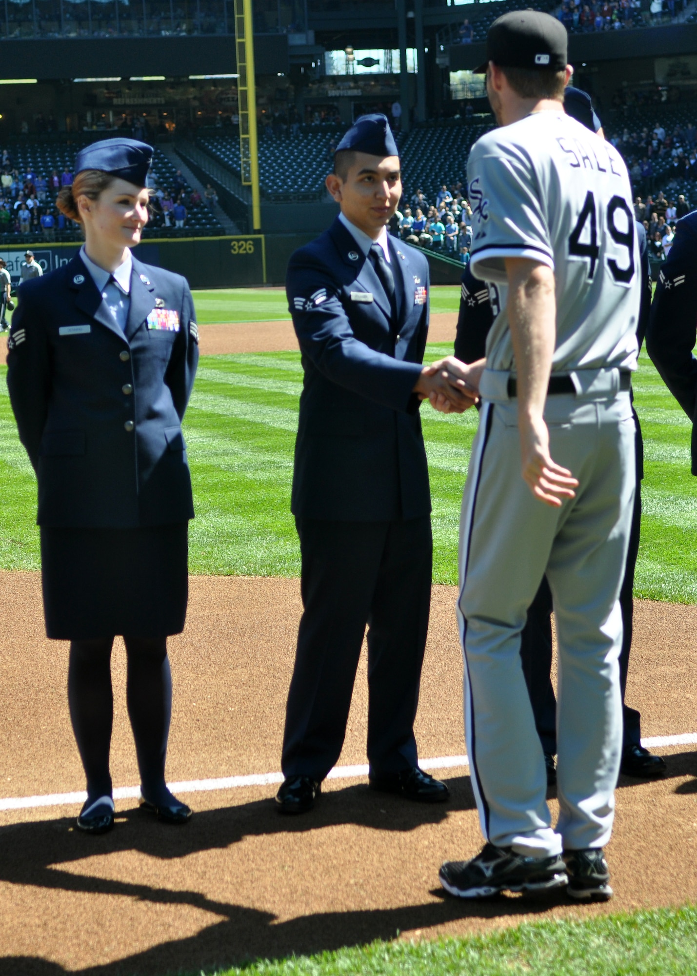 Chicago White Sox players shake hands with 62nd Airlift Wing Airmen and other military representatives at the 11th annual Seattle Mariners Armed Forces Day April 21, 2012, at Safeco Field in Seattle, Wash. (U.S. Air Force photo/Senior Airman Leah Young)