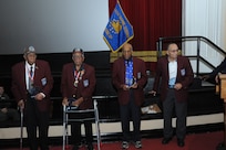 The contributions of Tuskegee Airmen Warren Eusan, Thomas Ellis, Dr. Granville Coggs and Dr. Eugene Derricotte were recognized during an event April 23 at the Joint Base San Antonio-Randolph Taj Mahal. The 99th Flying Training Squadron's fourth annual Tuskegee Heritage Breakfast paid tribute to the legacy of the segregated fighter group that fought fascism abroad and racism at home during World War II. (U.S. Air Force photo/Rich McFadden) 