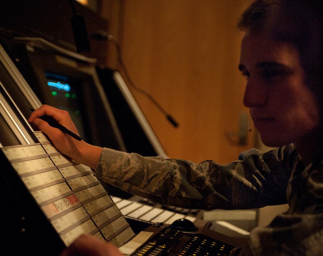 Airman 1st Class Brody Schneider, 28th Operations Support Squadron air traffic control technician, executes a simulation during training on Ellsworth Air Force Base, S.D., April 19, 2012. Airmen are required to train, perform simulations and be evaluated before they are fully certified as a controller. (U.S. Air Force photo by Airman 1st Class Alystria Maurer/Released)