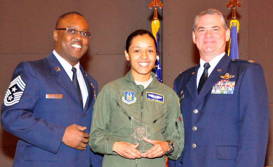 302nd Airlift Wing commander’s call has little bit of everything on April 15. With 302nd AW members looking on, Air Force Reserve Senior Airman Samantha Gonzalez an aeromedical technician with the 34th Aeromedical Squadron is named 302nd AW Airman of the Quarter for the 1st Quarter of 2012 at Peterson Air Force Base, Colo. Beside Airman Gonzalez is Chief Master Sgt. Otis Jones, 302nd AW command chief (left) and Col. Jay Pittman, Jr., the wing’s commander. Members of the Reserve wing were recognized during the commander’s call event with medals, quarterly awards, recognition from Air Force Reserve Command and 28 members were recognized for earning their Community College of the Air Force degrees.(U.S. Air Force photo/Staff Sgt. Stephen J. Collier)