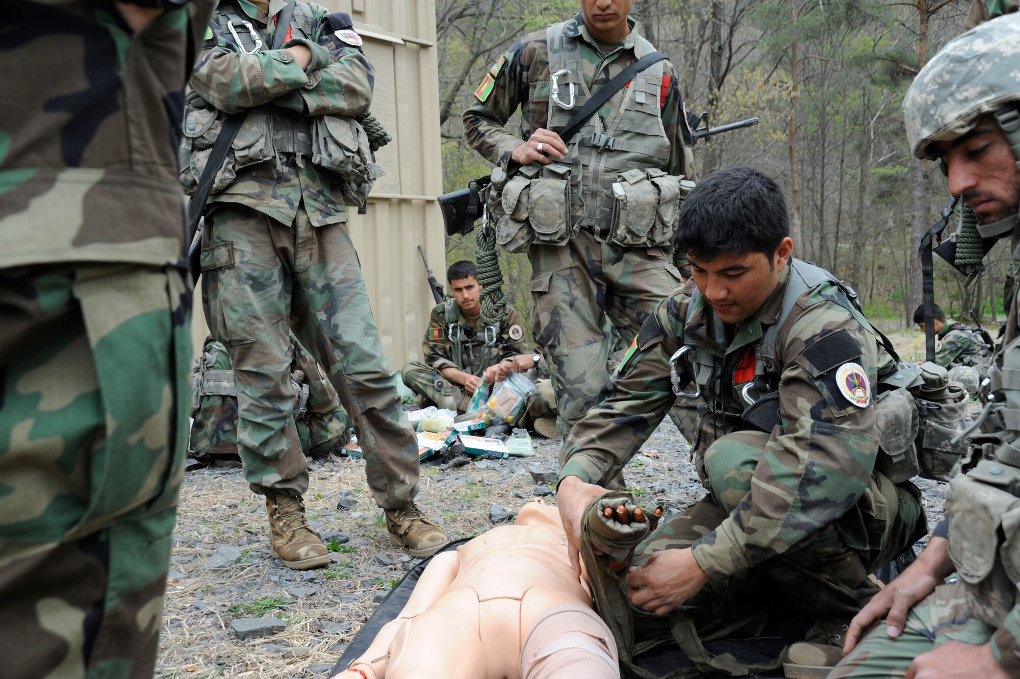 Afghan cadets use a medical mannequin to train for the tactical combat casualty care portion of the 2012 Sandhurst Competition at the U.S. Military Academy April 18, 2012, in West Point, N.Y. Cadets from military academies and colleges from around the world were invited to participate. (U.S. Air Force photo/Tech. Sgt. Mareshah Haynes)