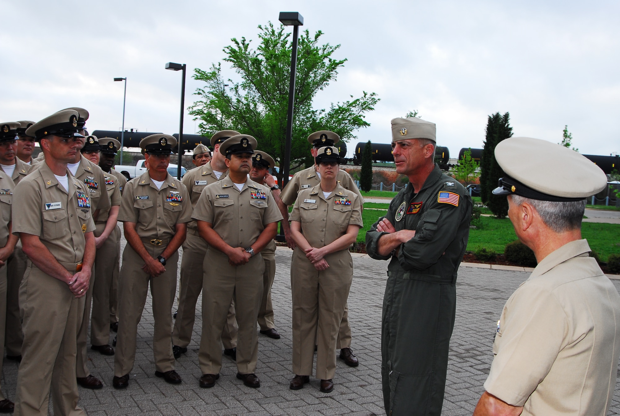 Capt. Charles Baker, Strategic Communications Wing ONE commander, speaks with TACAMO chief’s during the Navy Chief Petty Officer birthday celebration. The celebration helped kick off the “Year of the Chief,” which the U.S. Navy Memorial Foundation designated to run April 1, 2012, to April 1, 2013. (Courtesy photo)