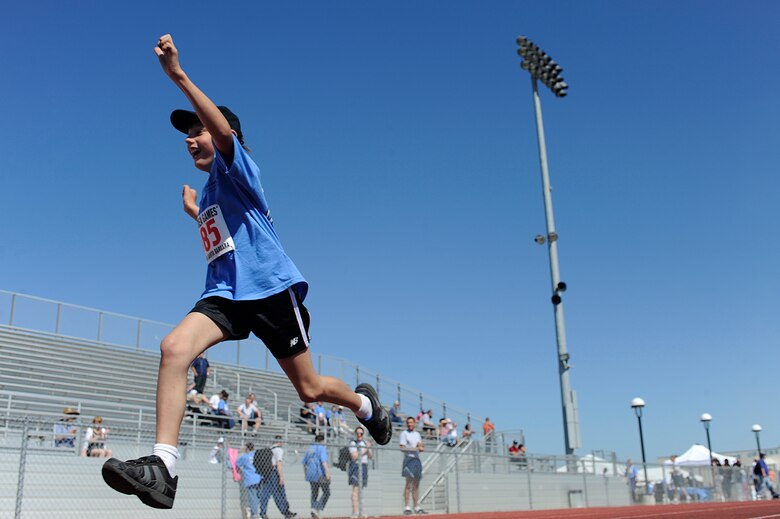 VANDENBERG AIR FORCE BASE, Calif. -- JT Sheehan, a Special Olympics athlete, finishes a race during the Northern Santa Barbara County Special Olympics event at Pioneer Valley High School, Santa Maria Saturday, April 21, 2012.The Special Olympics competition is an international event that held their first summer games in Chicago, Ill. (U.S. Air Force photo/Staff Sgt. Andrew Satran) 

 
  