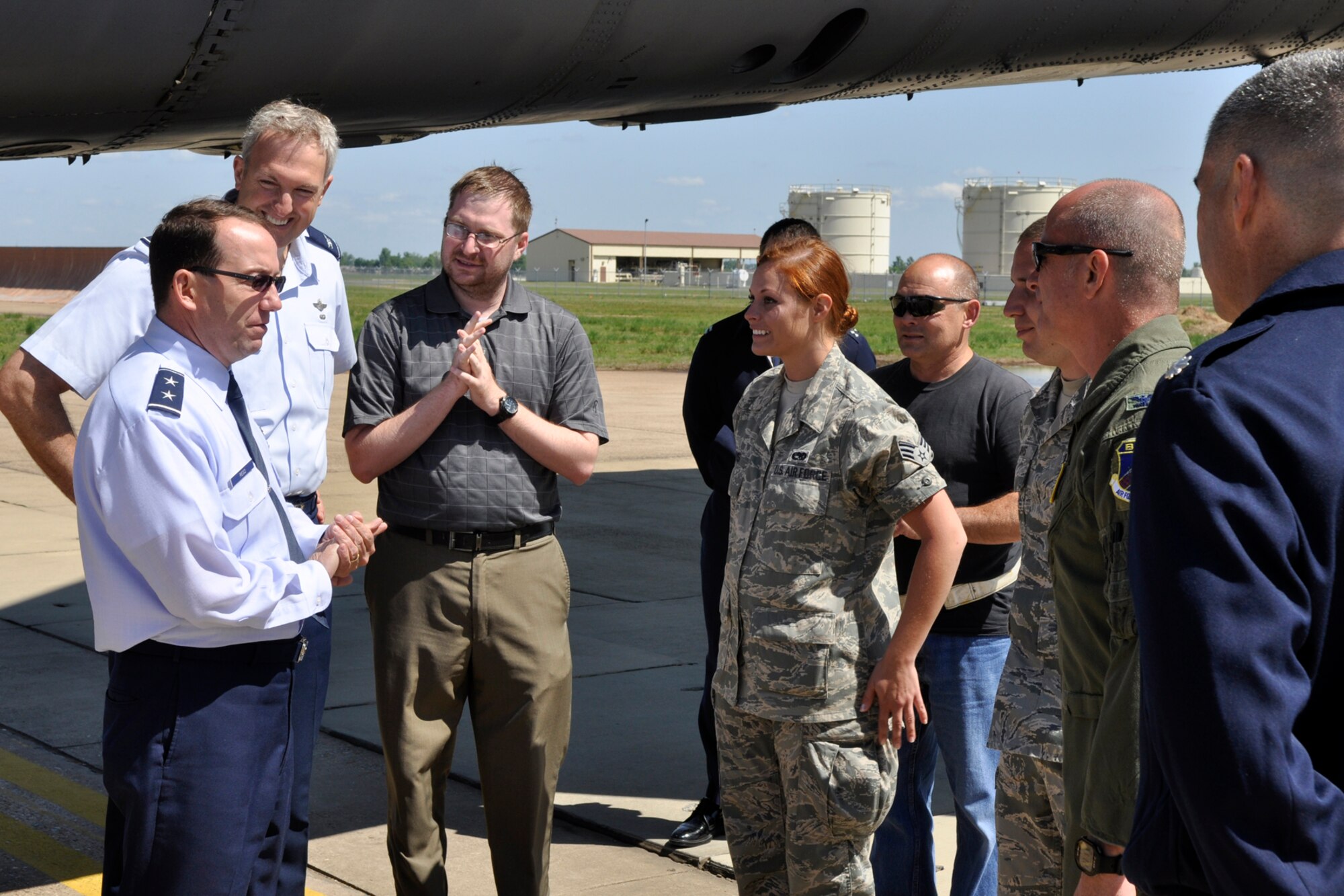 Maj. Gen. Robert D. Rego, the mobilization assistant to the Commander, Air Force Global Strike Command, speaks with a few of the 307th Bomb Wing Airmen at a B-52 Stratofortress on the ramp at Barksdale Air Force Base, La., April 23, 2012. General Rego visited the 307 BW to learn about the maintenance aspects of the B-52 from some of the enlisted personnel “who actually turn the wrenches.” (U.S. Air Force photo by Master Sgt. Jeff Walston)