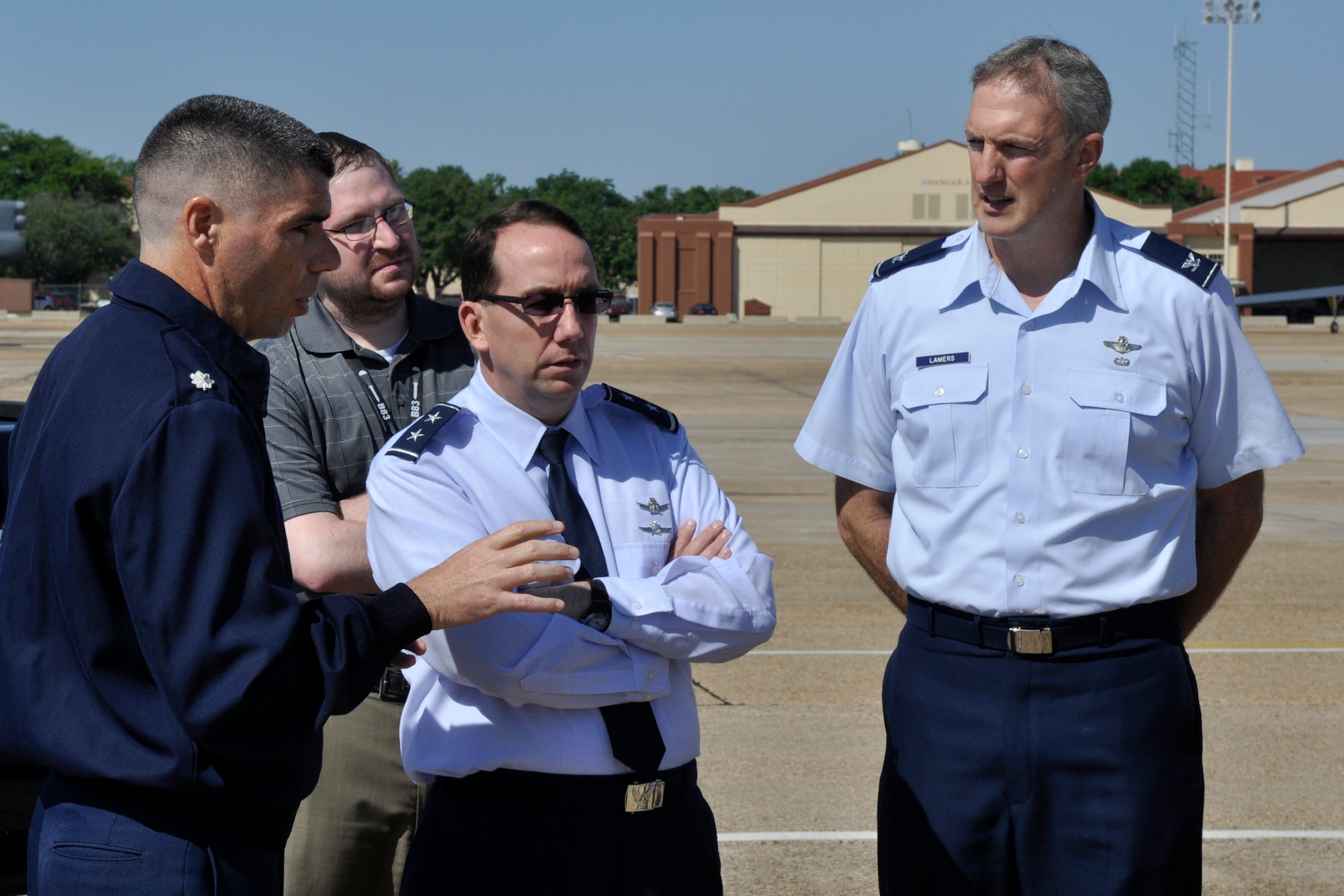Lt. Col. Kenneth Rose, commander of the 307th Maintenance Group, explains the importance of maintenance operations for the B-52 Stratofortress to Maj. Gen. Robert D. Rego, the mobilization assistant to the Commander, Air Force Global Strike Command, during his visit to the 307th Bomb Wing at Barksdale Air Force Base, La., April 23, 2012. General Rego visited the 307 BW to learn about the maintenance aspects of the B-52 from some of the enlisted personnel “who actually turn the wrenches.” (U.S. Air Force photo by Master Sgt. Jeff Walston)