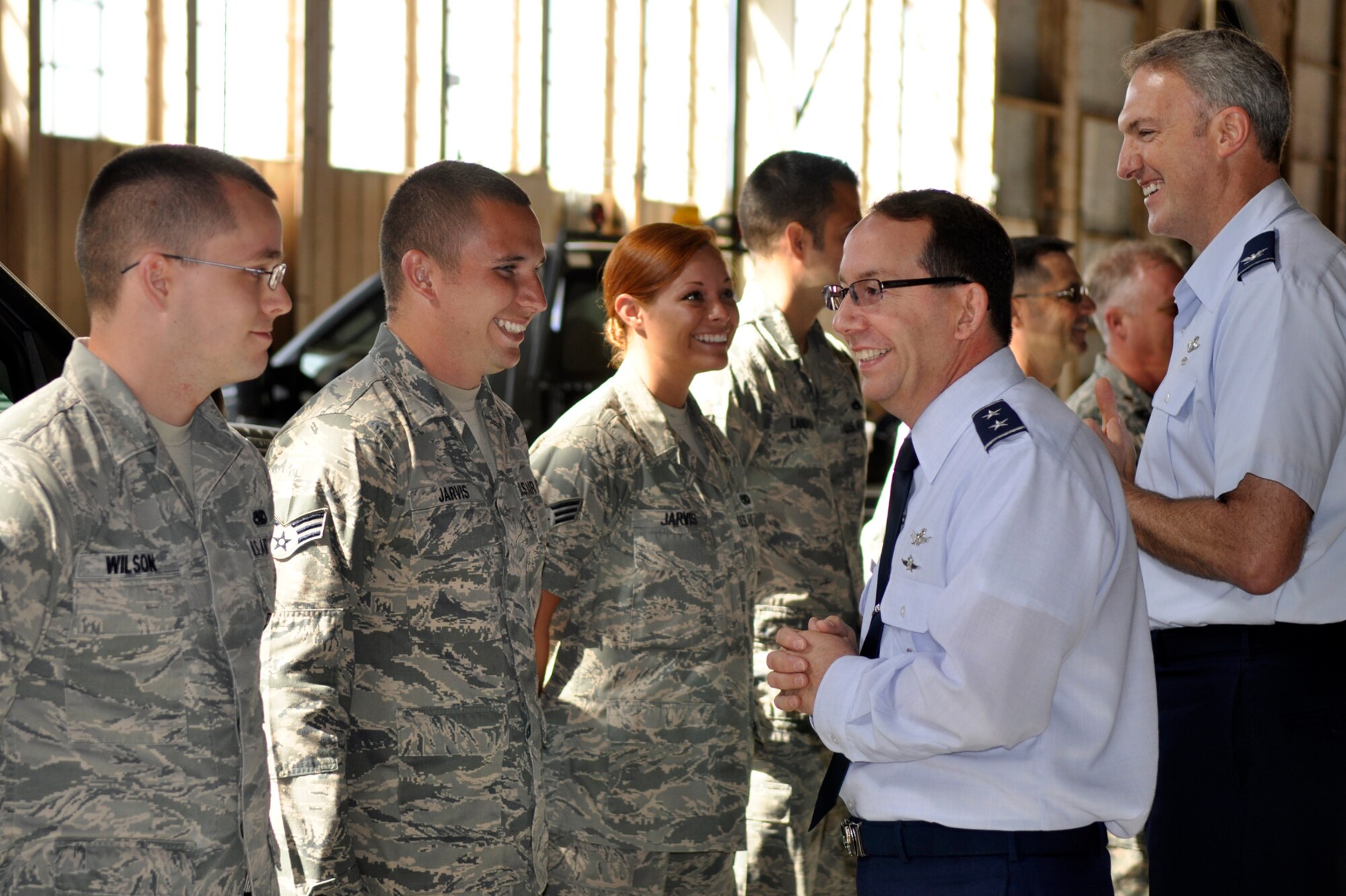 Maj. Gen. Robert D. Rego, the mobilization assistant to the Commander, Air Force Global Strike Command, and Col. Jeffrey Lamers, Reserve advisor to the Commander, AFGSC, speak with maintenance Airmen from the 307th Bomb Wing in Hangar One at Barksdale Air Force Base, La., April 23, 2012. General Rego visited the 307 BW to learn about the maintenance aspects of the B-52 from some of the enlisted personnel “who actually turn the wrenches.” (U.S. Air Force photo by Master Sgt. Jeff Walston) 