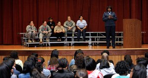 U.S. Air Force Capt. Carmen Milesthannie, 633d Surgical Operations Squadron nurse manager, speaks to a group of female Air Force Junior Reserve Officer Training Corps cadets during the Women in the Military Forum at Hampton High School, Hampton, Va., April 23, 2012.  The Women in the Military forum offered the AFJROTC female cadets a chance to understand the Armed Forces from a female perspective. (U.S. Air Force photo by Staff Sgt. Dana Hill/Released)
