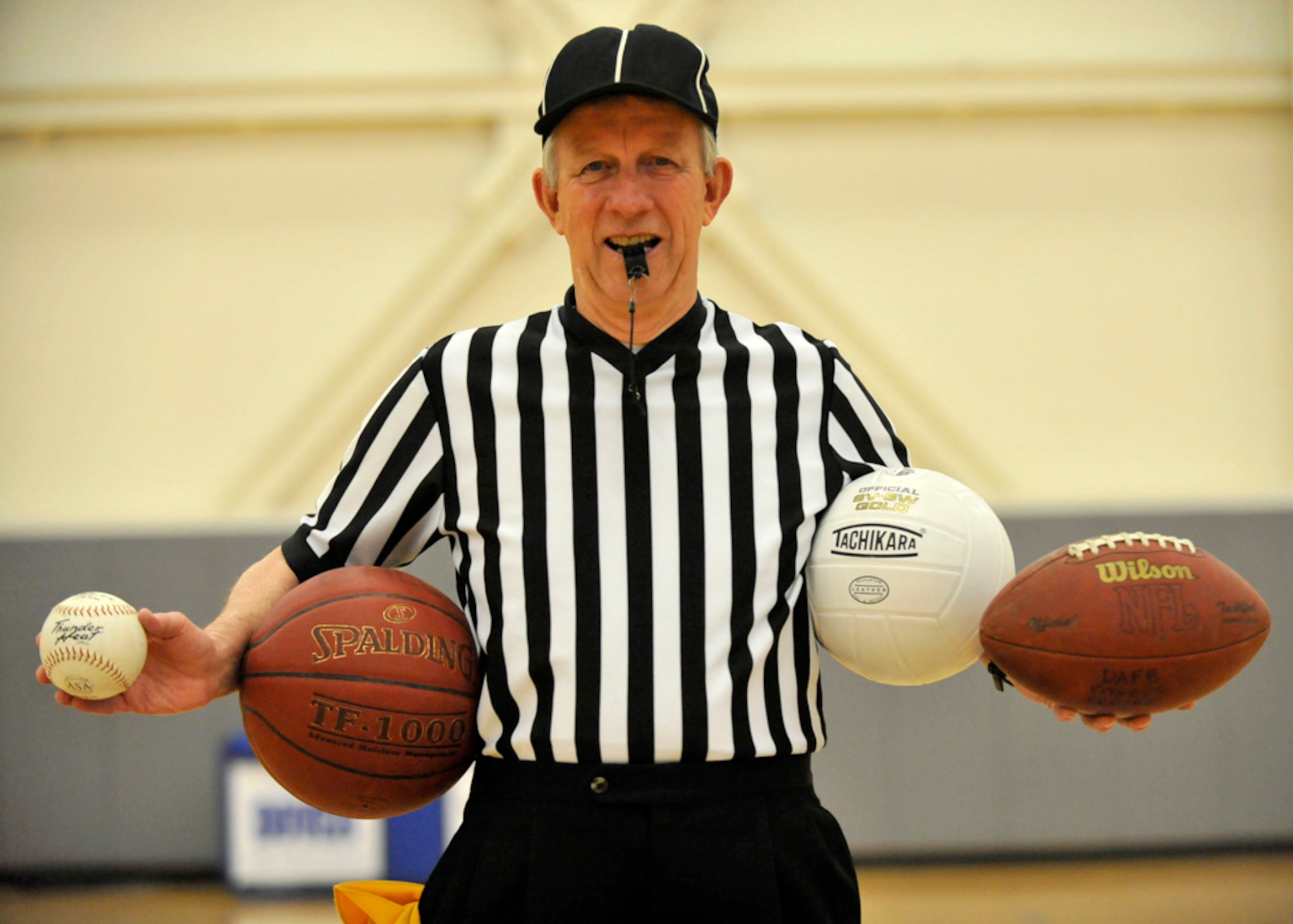 John Darcey, lead official for intramural sports, stands ready to officiate no matter what the sport April 11, 2012, at the Dover Air Force Base, Del., Fitness Center. Darcey, a retired chief master sergeant, has been officiating football, basketball, volleyball and umpiring softball at Dover AFB since 1992. (U.S. Air Force photo by Tech. Sgt. Chuck Walker)