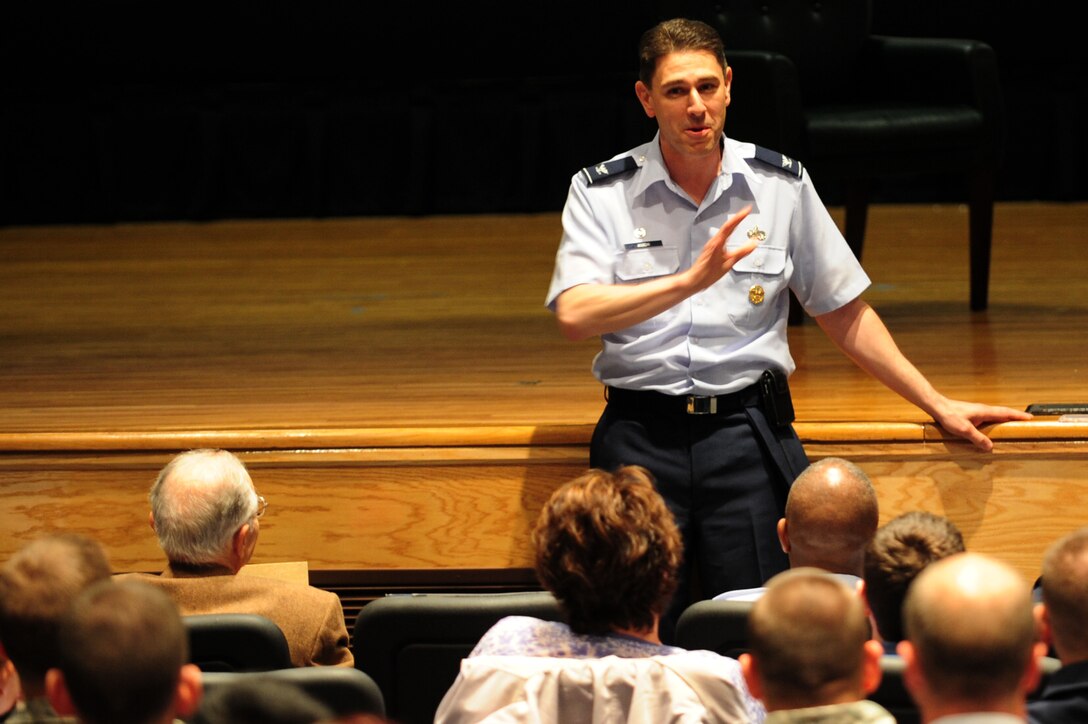 U.S. Air Force Col. Korvin Auch, 633rd ABW commander, provides closing remarks at the Joint Base Langley-Eustis Holocaust Remembrance Commemoration at Langley Air Force Base, Va., April 23, 2012.  The United States Holocaust Memorial Museum designated “Choosing to Act: Stories of Rescue” as the theme for the 2012 observance.  (U.S. Air Force photo by Airman 1st Class Kayla Newman/Released)