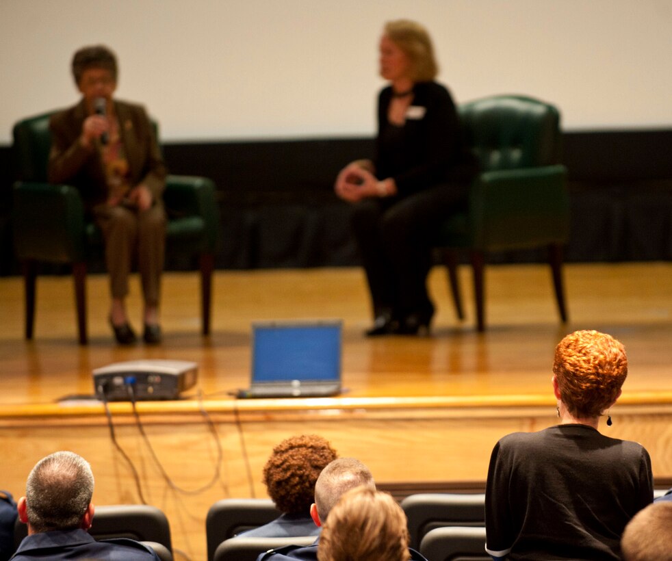 Kitty Friedenbach Saks, Holocaust survivor, answers questions about her life during the Joint Base Langley-Eustis Holocaust Remembrance Commemoration at Langley Air Force Base, Va., April 23, 2012.  Saks evaded capture with the help of her gym teacher, Fernan Herar, who placed her in a convent where she changed her name to Rosette Nizolle.  (U.S. Air Force photo by Airman 1st Class Kayla Newman/Released)