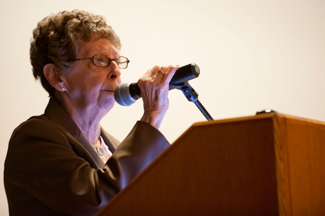 Kitty Friedenbach Saks, Holocaust survivor, speaks to an audience at Langley Air Force Base, Va., about her past during the Joint Base Langley-Eustis Holocaust Remembrance Commemoration April 23, 2012.  Saks arrived in Norfolk, Va. on Jan. 16, 1948, four years after the British soldiers liberated Brussles, Belgium.  (U.S. Air Force photo by Airman 1st Class Kayla Newman/Released)