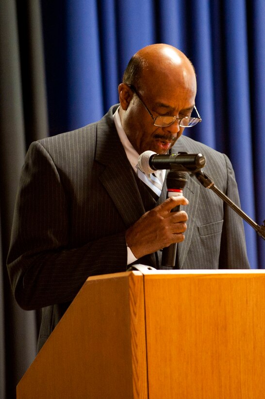 George Wallace, City of Hampton Vice Mayor, performs the reading of the proclamation during the Joint Base Langley-Eustis Holocaust Remembrance Commemoration at Langley Air Force Base, Va., April 23, 2012.  The United States Holocaust Memorial Museum designated “Choosing to Act: Stories of Rescue” as the theme for the 2012 observance.  (U.S. Air Force photo by Airman 1st Class Kayla Newman/Released)