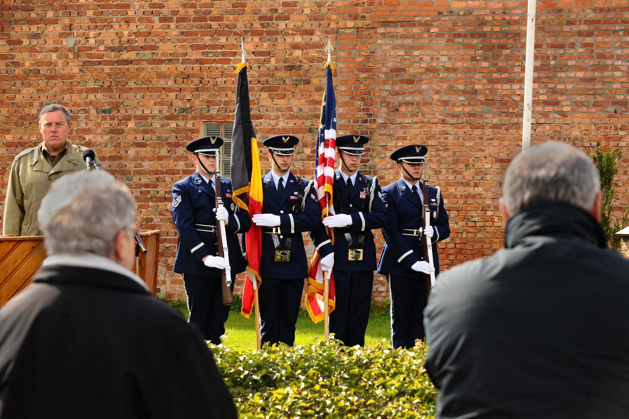 DUFFEL, Belgium – The 52nd Fighter Wing Honor Guard performs ceremonial drills during colors at an annual remembrance ceremony held here April 22. The ceremony is held to remember a B-17G Flying Fortress, Pluto’s Avenger, that crash landed Feb. 22, 1944, in Duffel. People from throughout Europe travel to the aircraft-crash site memorial each year to participate in the ceremony, which honors the four crew members who were killed in action during the crash. The honor guard works to support the local community’s ceremonies by performing at more than 20 memorial and recognition ceremonies each year. (U.S. Air Force photo by Airman 1st Class Dillon Davis/Released)