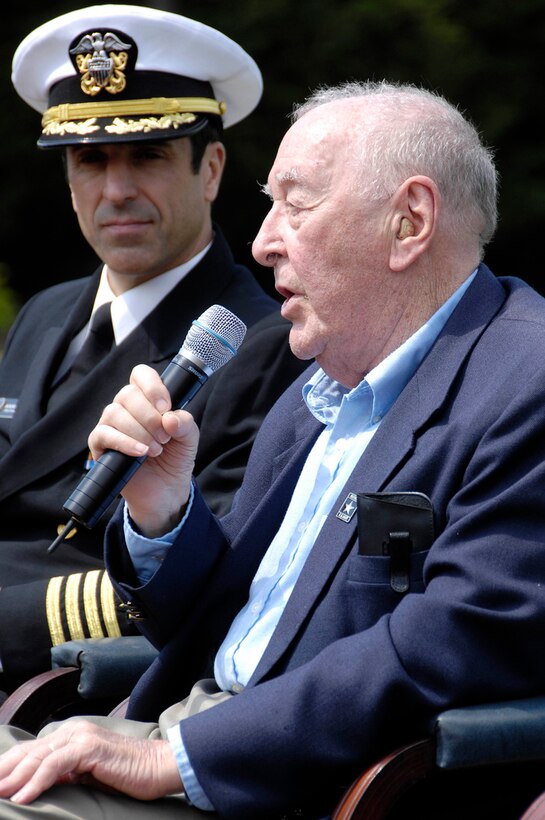 Holocaust Survivor Charles Stein speaks to those in attendance during a Holocaust: Days of Remembrance ceremony at the U.S. Air Force Ceremonial Lawn, April 19, on Joint Base Anacostia-Bolling, D.C. Stein, originally from Vienna, Austria, shared his experience during the Holocaust and arrival to the U.S. in December1939. He was later commissioned into the U.S Army in 1943 working primarily in military intelligence until his retirement in 1978. Stein is a volunteer at the U.S. Holocaust Memorial Museum in Washington D.C. (U.S. Air Force photo by Senior Airman Steele C. G. Britton)

