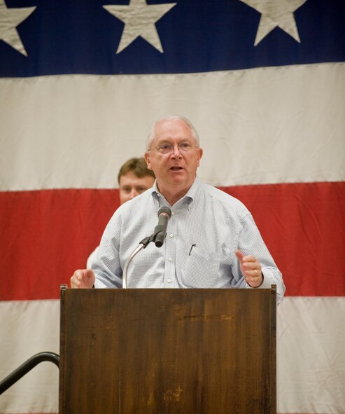 Mayor Norm Archibald speaks during the 47th annual World’s Largest BBQ April 21, 2012, at the Civic Center in Abilene, Texas. The World’s Largest BBQ is sponsored by the Abilene Chamber of Commerce to show appreciation by providing free food to active-duty members, retired military and dependents. (U.S. Air Force photo by Airman 1st Class Jonathan Stefanko/ Released)