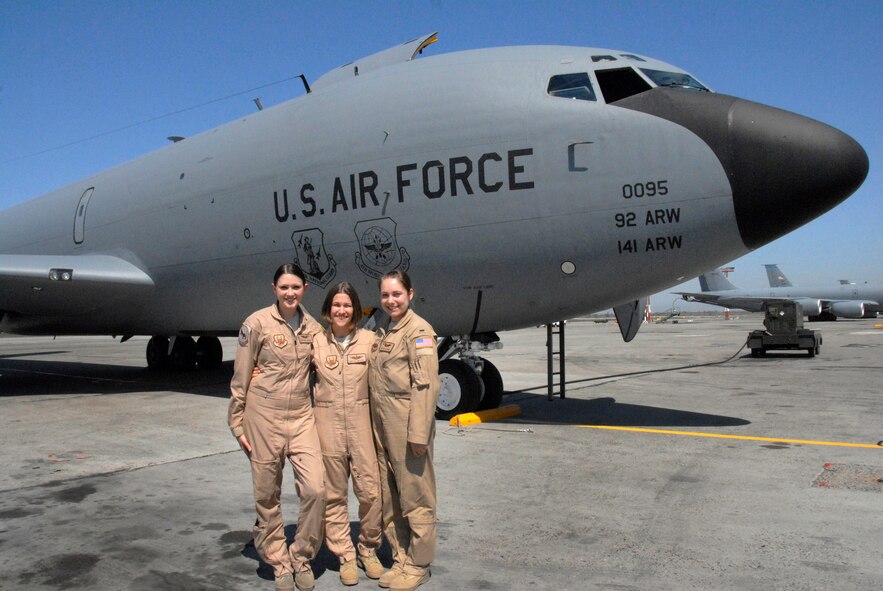 TRANSIT CENTER AT MANAS, Kyrgyzstan -- Airman 1st Class Tracy Johnson, boom operator, Maj. Kristen Westby, pilot and 1st Lt. Melissa Evans, co-pilot, all with the 22nd Expeditionary Air Refueling Squadron, pose in front of a KC-135 Stratotanker before taking off for a refueling mission April 19, 2012, Transit Center at Manas, Kyrgyzstan. Johnson and Westby are deployed here from the 93rd Air Refueling Squadron at Fairchild Air Force Base, Wash. Evans is deployed here from the 912th Air Refueling Squadron at March Air Reserve Base, Calif. (U.S. Air Force photo by Senior Airman Lynsie Nichols)
