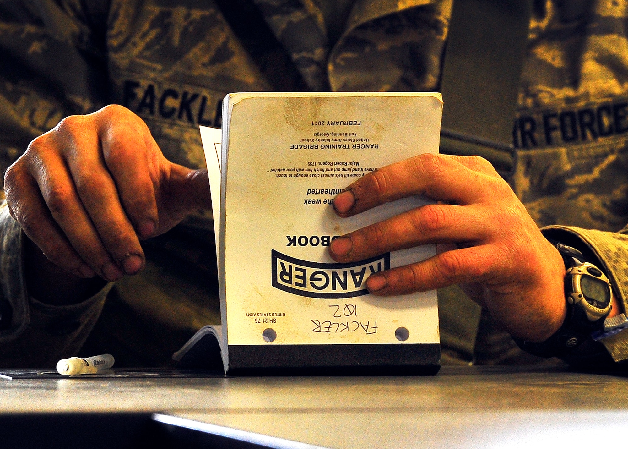 Security Forces Airmen from around the Air Force attend Ranger Assessment/Selection course at Ledward Barracks, Germany, April 12, 2012.  Day four of training, Rangers rally, assess the battlefield and complete troop manuever exercises.  The 14-day training hosted by the 435th Air Ground Operation Squadron prepares and instills leadership and survival skills vital to complete the 61-day U.S. Army Ranger Course. (U.S. Air Force Photo/Staff Sgt. Daylena Gonzalez)