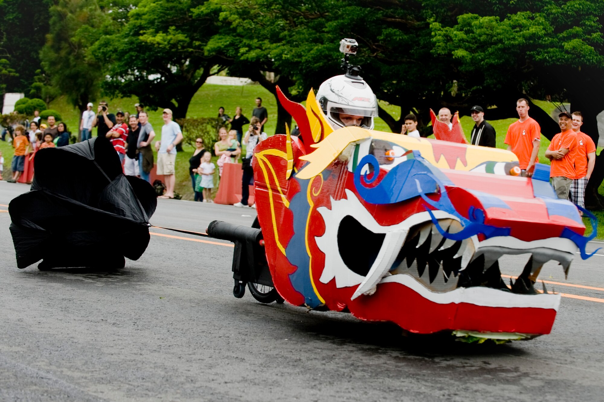 Tech. Sgt. Justin Wilder, 18th Component Maintenance Squadron, slows down after winning one of the races at the Red Cross Derby Day at Kadena Air Base, Japan, April 24, 2012. The derby raised $5,200 for island-wide community service projects for U.S. service members and their families. (U.S. Air Force photo by Staff Sgt. Jonathan Steffen/Released