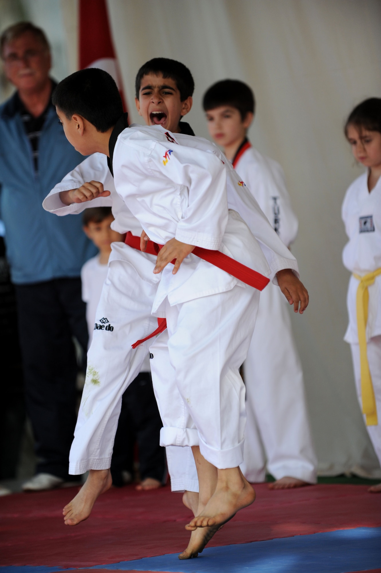 Children's Day participants perform taekwondo during a festival April 22, 2012, at Incirlik Air Base, Turkey. The event was hosted by the Turkish air force 10th Tanker Base Command and was open to all Turkish and American members of Team Incirlik. The event offered an opportunity for camaraderie and building partnership between Turkish and American service members and civilians. Children's Day is a national holiday that honors Turkish children and the future of the country. (U.S. Air Force photo by Senior Airman Jarvie Z. Wallace/Released) 