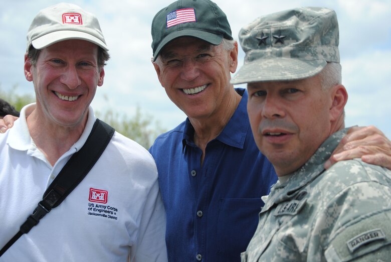 FLORIDA -- Vice President Joe Biden discussed the Administration’s efforts to restore the Everglades at the S-356 pump station, a component of the Modified Water Deliveries to Everglades National Park project in Miami-Dade County, Fla., April 23, 2012.

"Last year, the Corps of Engineers’ construction project generated 6,600 good paying jobs for Floridians and their families – and thousands of indirect jobs," Biden said. And that restoration projects currently underway would garner "$46.5 billion net additional revenue to the state of Florida – just as a consequence of this restoration.”

"The truth of the matter is, people around the country, you know, they know the Everglades," Biden said. "But they just, they have no comprehension, no comprehension of what a federal and national treasure it is. It supports some of the greatest biodiversity on the planet – including 68 threatened and endangered species, 350 species of birds and it's the only place on earth where the Florida panther lives."
(From left: Stu Appelbaum, U.S. Army Corps of Engineers Jacksonville District Planning Division Chief; Vice President Joe Biden; and Maj. Gen. Todd Semonite, USACE South Atlantic Division commander)