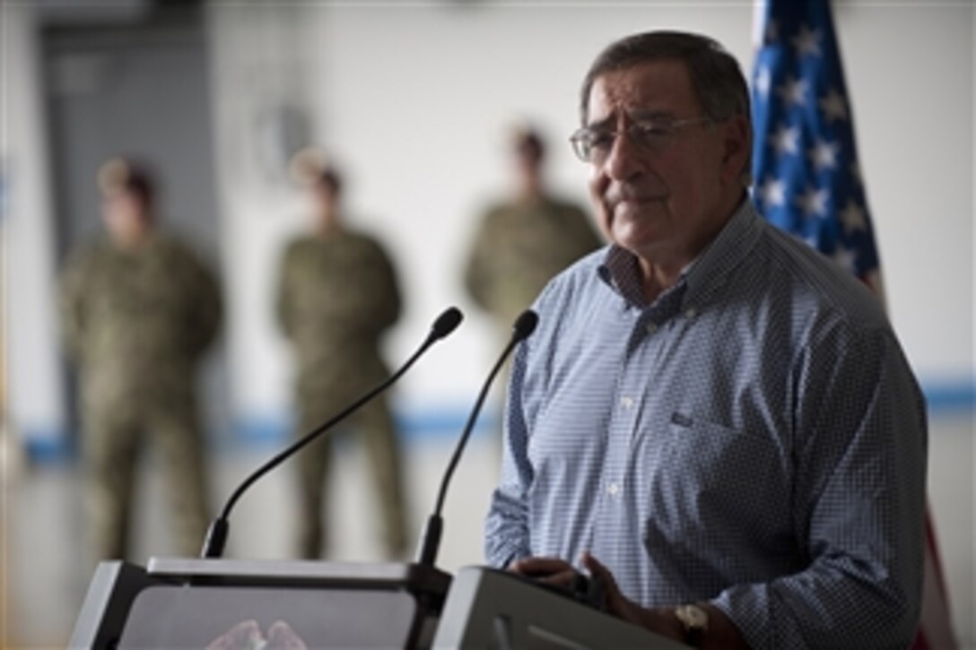 Secretary of Defense Leon E. Panetta listens to a question during a joint press conference with Colombian Minister of Defense Juan Carlos Pinzon Bueno in Tolemaida, Colombia, April 23, 2012.  Panetta is on a five-day trip to the region to meet with counterparts and military officials in Brazil, Colombia and Chile to discuss an expansion of defense and security cooperation.  