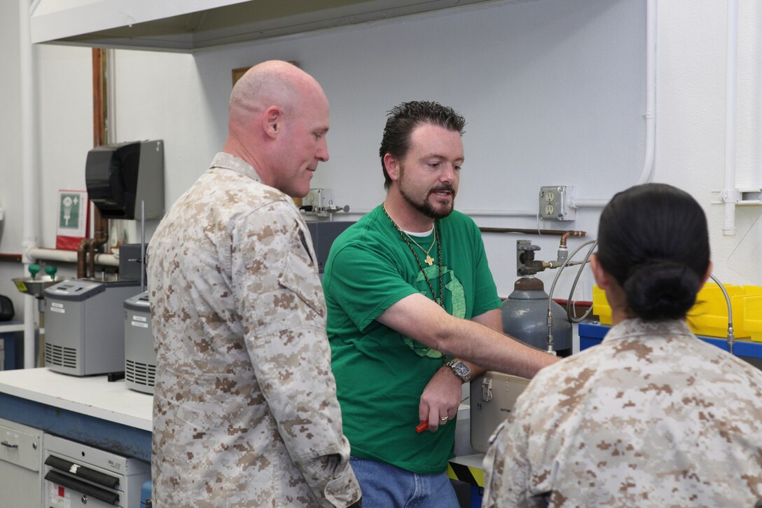 Sgt. Maj. Micheal P. Barrett, the 17th Sergeant Major of the Marine Corps, visits the facilities at Marine Corps Logistics Command in Barstow, Calif., April 24, 2012.