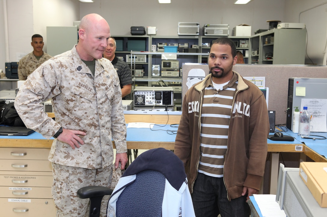 Sgt. Maj. Micheal P. Barrett, the 17th Sergeant Major of the Marine Corps, visits the facilities at Marine Corps Logistics Command in Barstow, Calif., April 24, 2012.