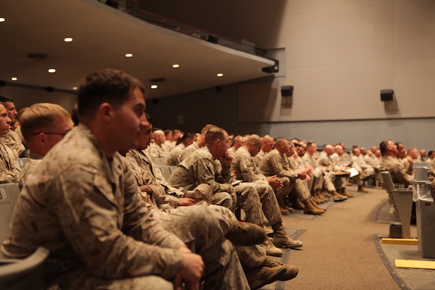 Marines of all ranks think about their possible future as they listen to the Manpower Drawdown brief held at the Camp Pendleton's Bulldog Box Office April 24. "We must maintain the right number of Marines at each rank to ensure we do not become a hollow force and use natural attrition and voluntary separation authorities to achieve reduction," said Col. William Tosick. "Competition for accession, promotion and retention will be tougher, but in numbers required to sustain the force." Tosick is the head of Manpower Plans, Programs and Budget Branch, Headquarters Marine Corps.