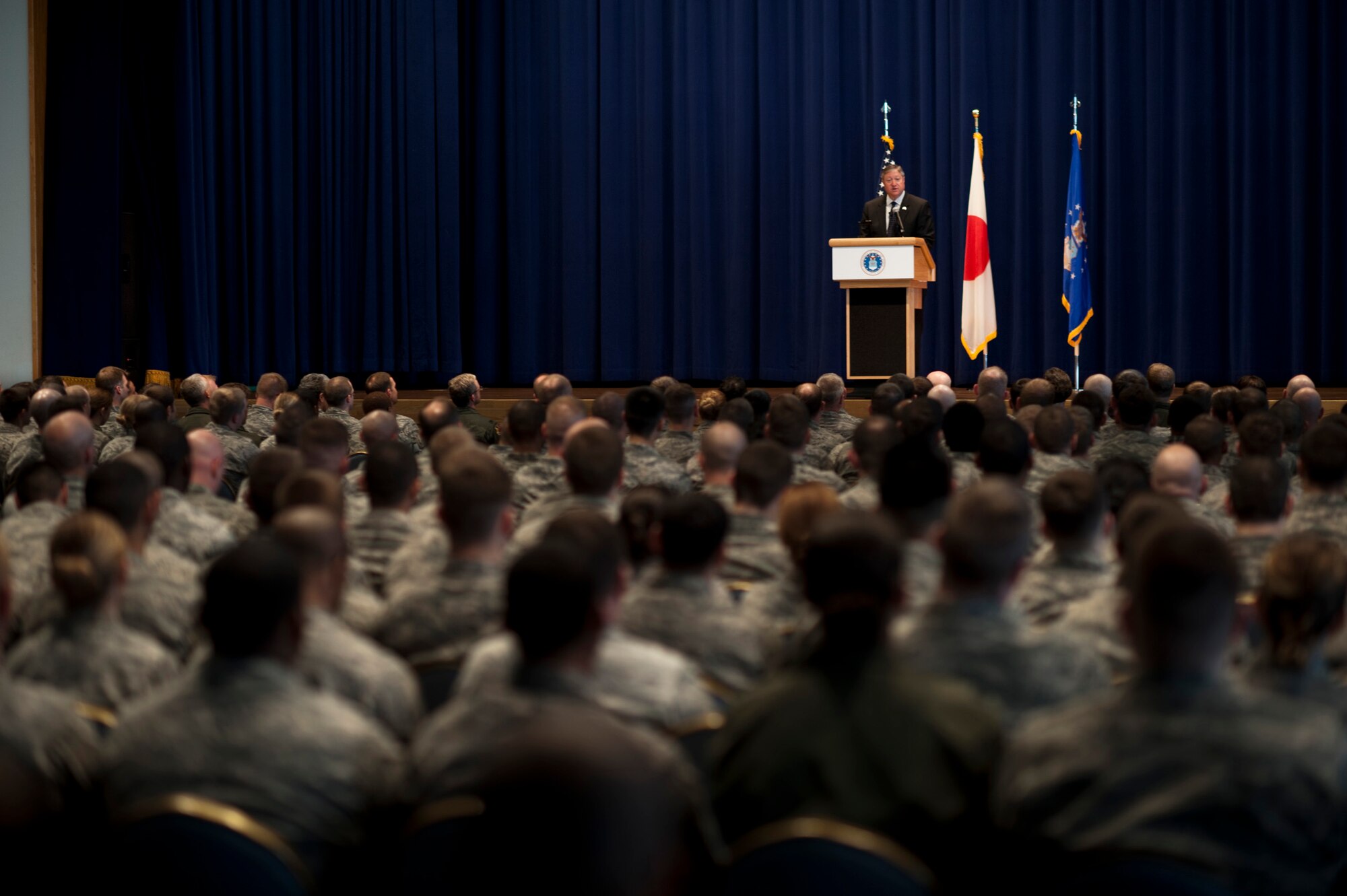 Secretary of the Air Force Michael Donley addresses Airmen during an all call at Yokota Air Base, Japan, April 24, 2012. Donley visited Yokota during a trip through the western Pacific region to meet with Airmen and thank them for their service. (U.S. Air Force photo/Staff Sgt. Samuel Morse)