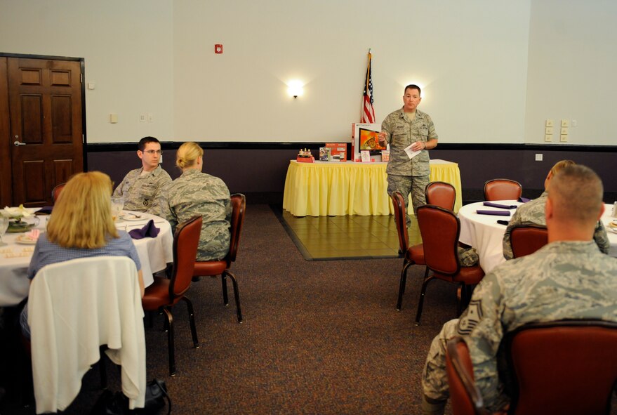 Col. Scott Hoover, 2nd Mission Support Group commander, delivers a message about Administrative Professionals at the Barksdale Club on Barksdale Air Force Base, La., April 25. Administrative Professionals' Day, or Secretaries' Day, is celebrated annually on Wednesday of the last full week in April. This unofficial holiday recognizes all secretaries, receptionists and administrative support professionals. (U.S. Air Force photo/Airman 1st Class Benjamin Gonsier)(RELEASED)
