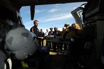 Dan Young, Memorial Star Transport flight paramedic, shows the various medical equipment in a medevac helicopter during an exercise April 25 at Schriever Air Force Base. Emergency personnel including the fire department and the 50th Security Forces Squadron conducted an exercise to practice the base's medevac procedures. (U.S. Air Force photo/Staff Sgt. Julius Delos Reyes)