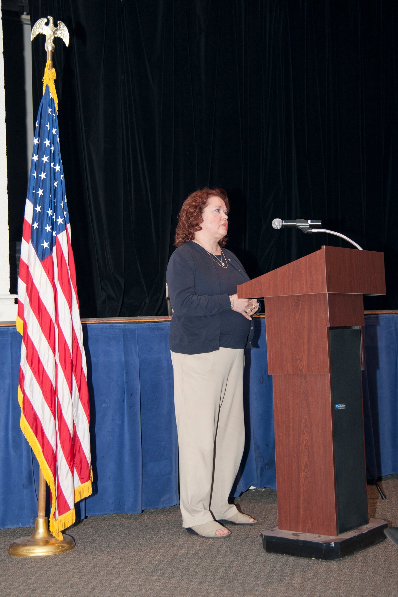 HOLLOMAN AIR FORCE BASE, N.M. – Dr. Nancy Nemeth-Jesurun, a University of Texas at El Paso graduate of Border History studies, gives a speech to members of Team Holloman at the Community Activity Center April 19. The speech was presented to honor victims of the Holocaust during the nation’s annual “Days of Remembrance.” (U.S. Air Force photo by Airman 1st Class Anthony M. Ward / Released)