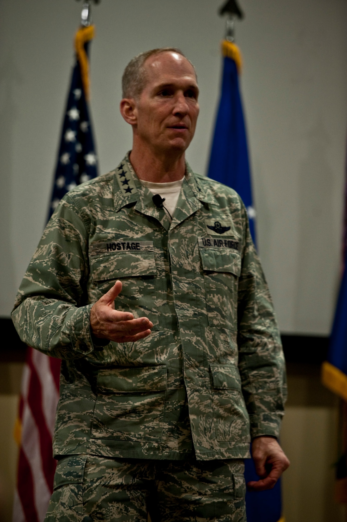 Gen. Michael Hostage, commander of Air Combat Command, speaks to Airmen during an all-call at the 505th Command and Control Wing at Hurlburt Field, Fla., April 24, 2012. The general is a graduate of the U.S. Air Force Fighter Weapons School and a command pilot with more than 4,000 flying hours. (U.S. Air Force photo/Airman 1st Class Hayden K. Hyatt)