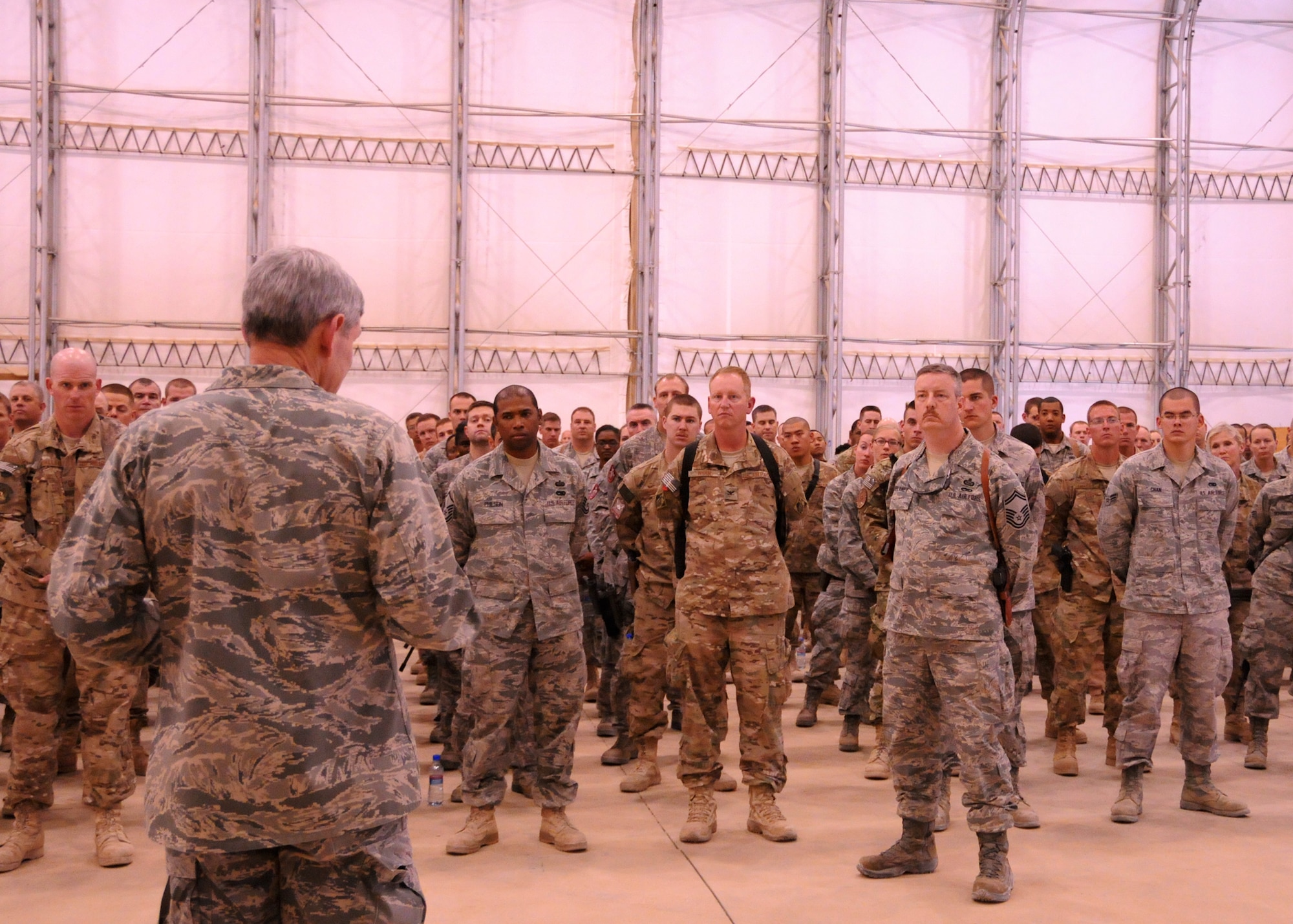 Air Force Chief of Staff Gen. Norton Schwartz addresses 451st Air Expeditionary Wing members during an all-call at Kandahar Airfield, Afghanistan, April 24, 2012. Schwartz spoke about future capabilities and maintaining the Air Force's balance. Schwartz spoke about the Air Force’s future and the importance of maintaining the right balance of capabilities. (U.S. Air Force photo/Staff Sgt. Heather Skinkle)