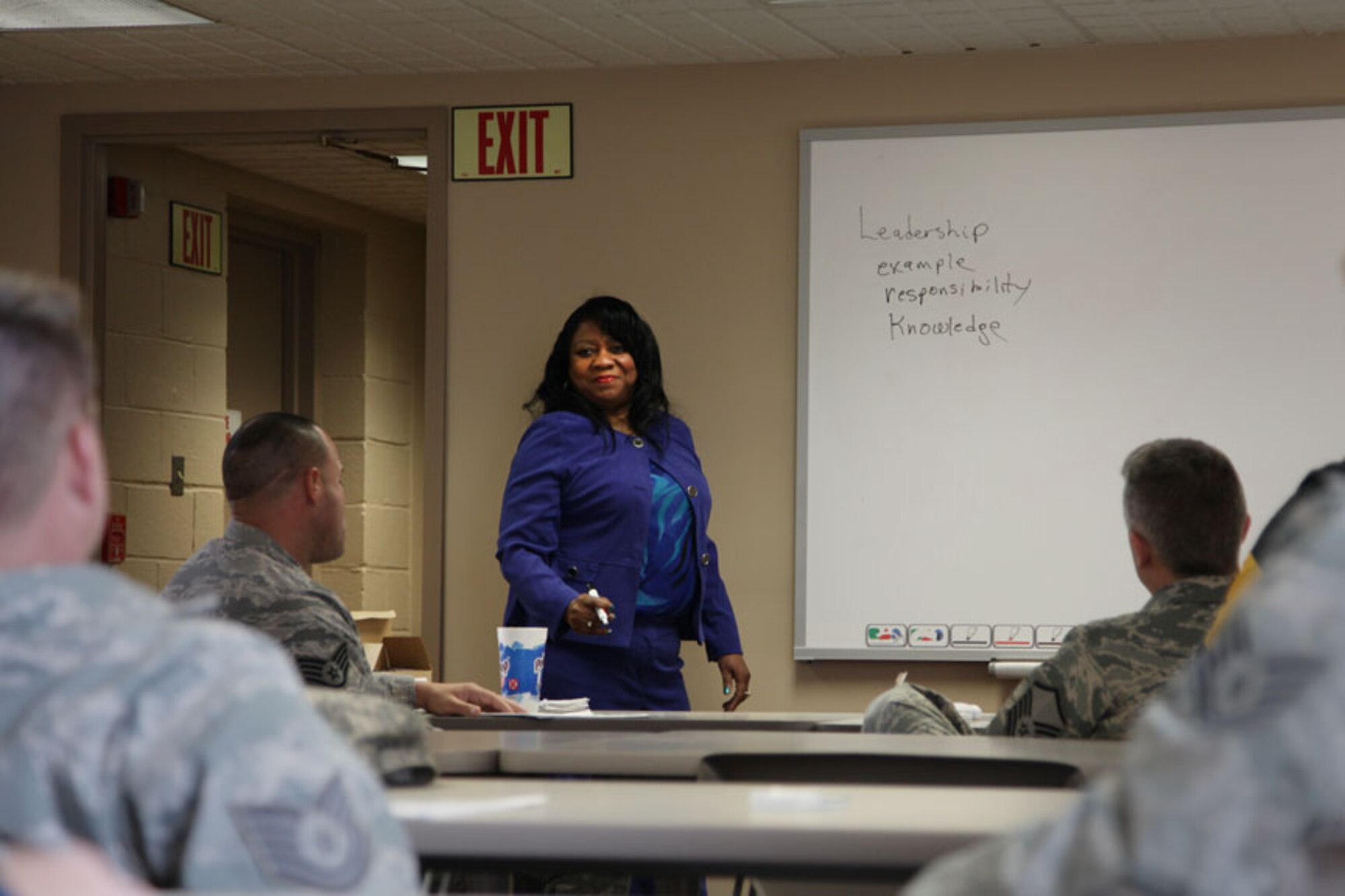 Military and civilian members from the 911th Airlift Wing participate in a mandatory training event in support of Sexual Assault Awareness Month, April 24, 2012, managed by Jaqueline Young-Griffin, the 911th sexual assault response coordinator and behavioral health support coordinator. This event reminds us to repeat our collective and individual commitment to our core values and makes us focus on promoting a safe environment that prevents sexual assault. (U.S. Air Force photo by Tech. Sgt. Ralph Van Houtem/Released)