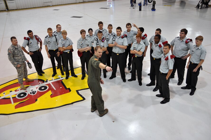 Capt. Paul Doran, 303rd Fighter Squadron A-10 Thunderbolt II pilot, tells the Junior ROTC from Clinton High School, Clinton, Mo., about the "Warthog" April 24, 2012 during at tour. The 442nd Fighter Wing is an A-10 Thunderbolt II Air Force Reserve unit at Whiteman Air Force Base, Mo. (U.S. Air Force photo/Staff Sgt. Danielle Johnston)