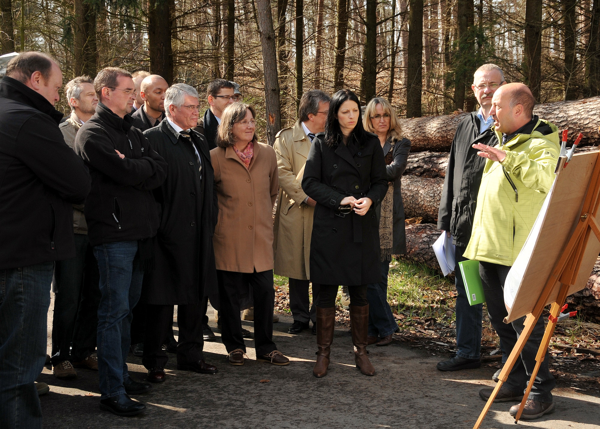 Winfried Schuch (far right), with the construction management agency of Rheinland-Pfalz, briefs a group of German state and local government leaders on site considerations during a tour of the proposed site for the new Kaiserslautern Military Community Medical Center on the Weilerbach portion of the Rheine Ordnance Barracks, April 25, 2012. The new medical facility is scheduled to replace the Landstuhl Regional Medical Center and Ramstein Air Base Clinic upon completion. (U.S. Air Force photo by Tech. Sgt. Markus M. Maier/released)