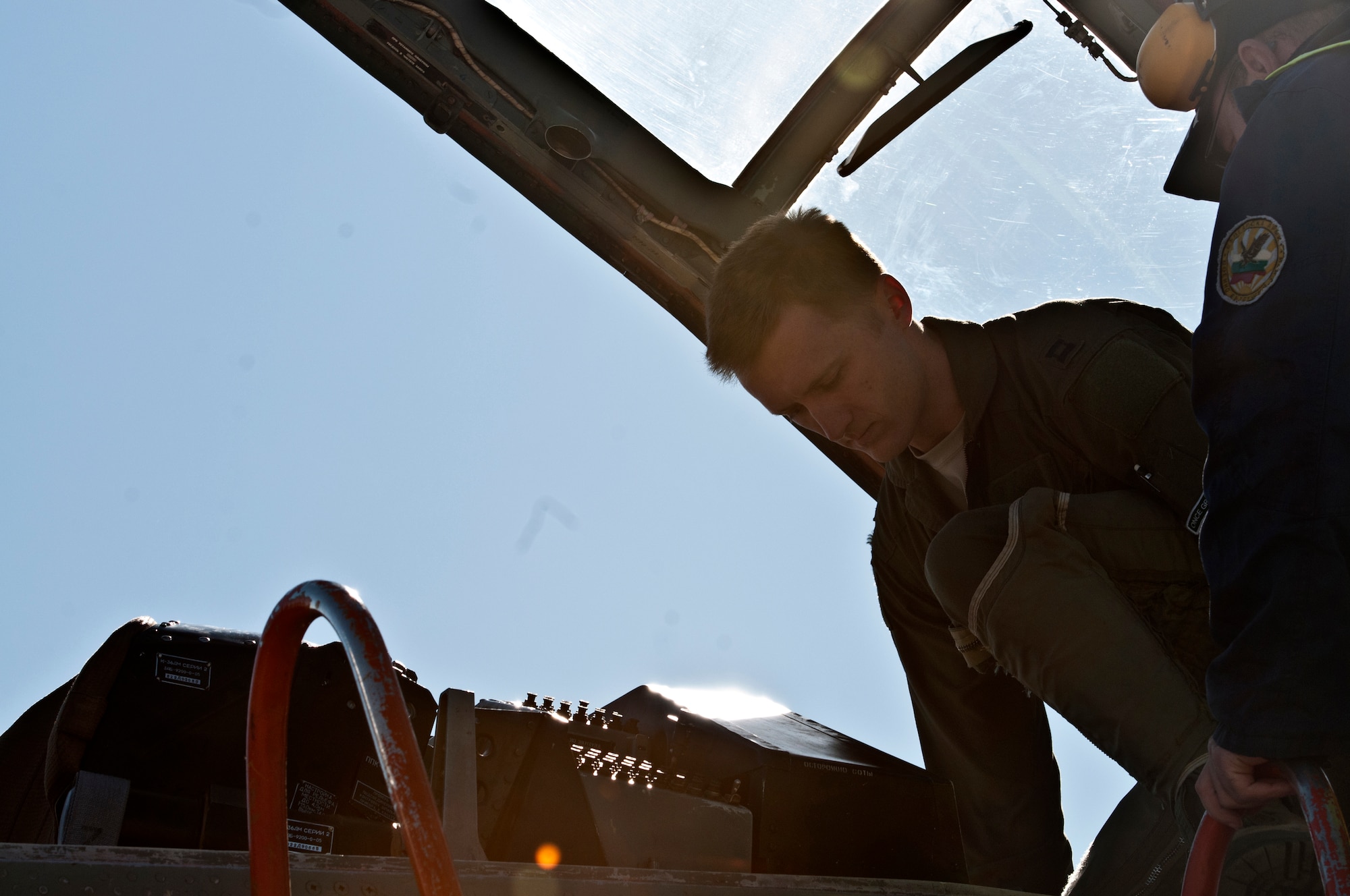 Capt. Kirby Sanford, 555th Fighter Squadron F-16 Fighting Falcon pilot, prepares for his flight in a Bulgarian air force MiG-29 April 19, 2012, at Graf Ignatievo Air Force Base, Bulgaria. Sanford is deployed here from Aviano Air Base, Italy, along with more than 500 31st Fighter Wing personnel in support of exercise Thracian Star 2012. The coalition training is aimed at strengthening partnerships and increasing interoperibility between NATO allies. (U.S. Air Force photo/Senior Airman Katherine Windish)
