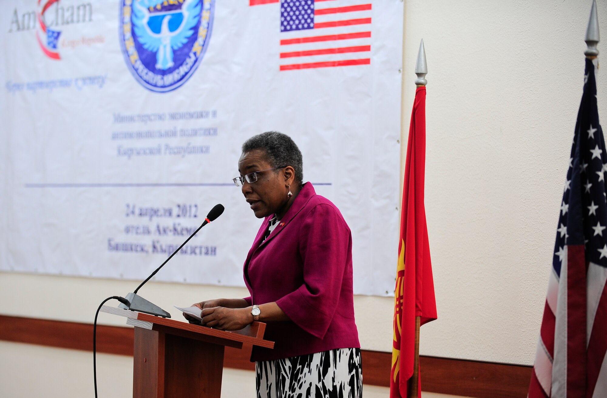 United States Ambassador to the Kyrgyz Republic Pamela Spratlen, gives opening remarks at the Kyrgyzstan Industry Training Symposium April 24, 2012, in Bishkek, Kyrgyzstan. The symposium provided instruction for business on U.S. trade and how to compete for U.S. procurement contracts.  Spratlen said, "We are celebrating 20 years of a robust and dynamic partnership that is growing. Along with expanding our cooperation in general, the deepening of trade-ties between our two countries is logical and will serve to strengthen our overall relationship in the future." (U.S. Air Force photo/Staff Sgt. Angela Ruiz)